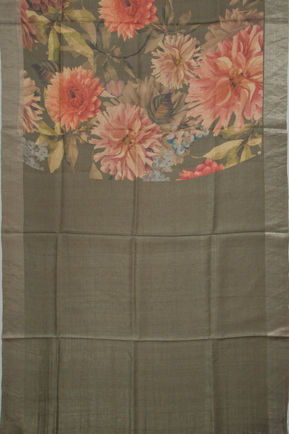 Tussar Floral Printed Elephant Black Saree