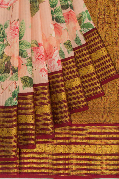 Kanchipuram Silk Floral Printed Peach Saree