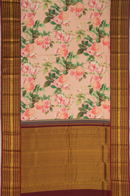 Kanchipuram Silk Floral Printed Peach Saree