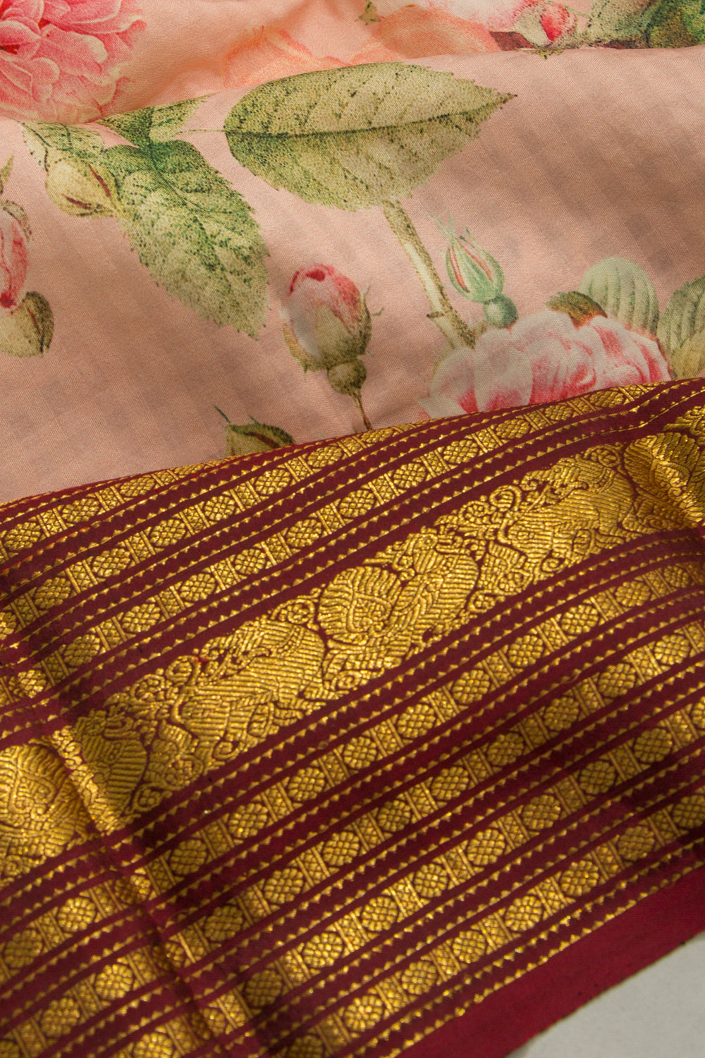 Kanchipuram Silk Floral Printed Peach Saree