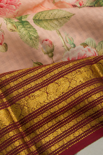 Kanchipuram Silk Floral Printed Peach Saree