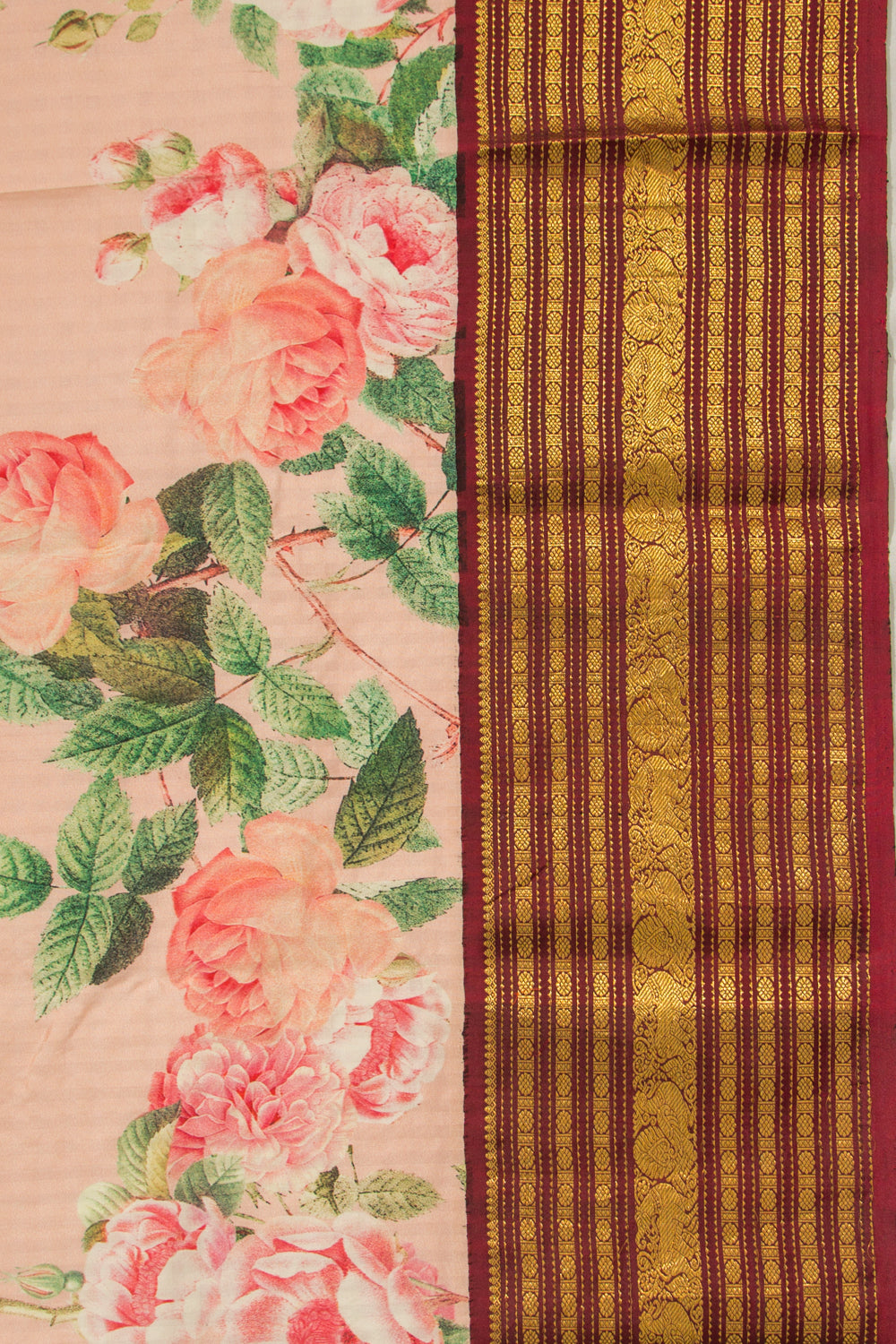 Kanchipuram Silk Floral Printed Peach Saree