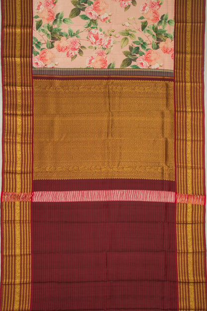 Kanchipuram Silk Floral Printed Peach Saree