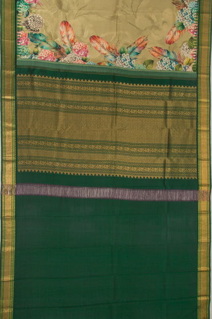 Kanchipuram Silk Floral Printed Cream Saree