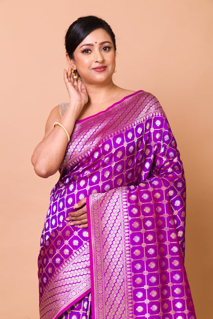 Banarasi Silk Checks And Butta Violet Saree
