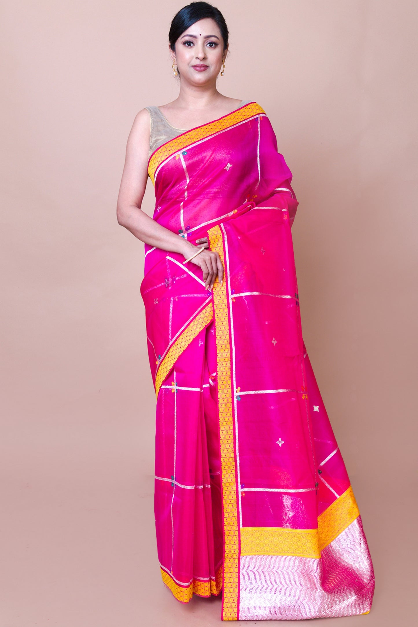 Banarasi Kora Organza Checks And Butta Magenta Pink Saree