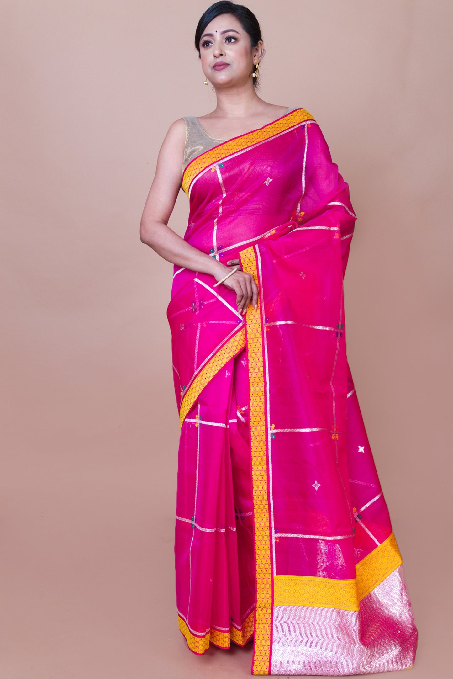 Banarasi Kora Organza Checks And Butta Magenta Pink Saree