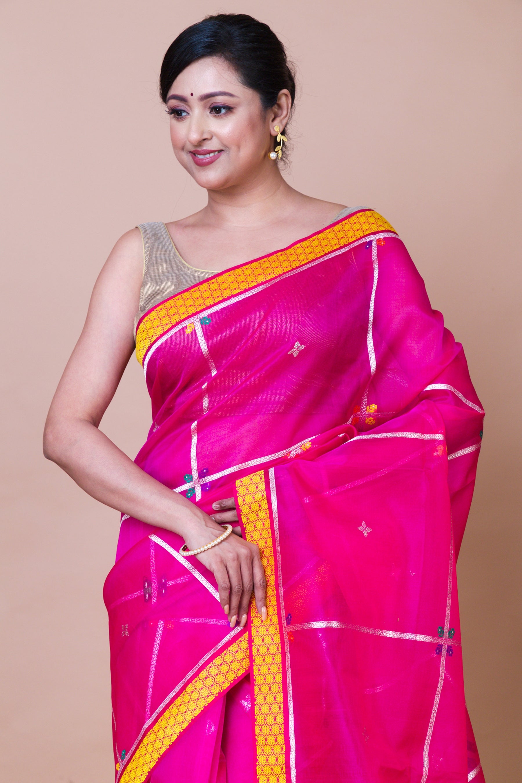 Banarasi Kora Organza Checks And Butta Magenta Pink Saree