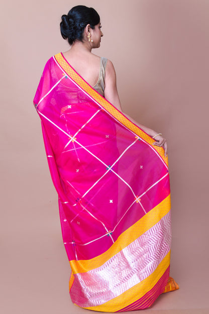 Banarasi Kora Organza Checks And Butta Magenta Pink Saree