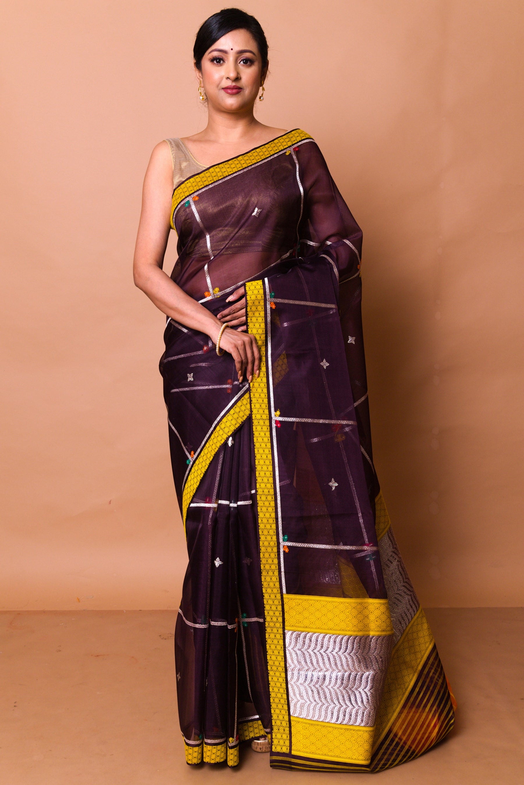 Banarasi Kora Organza Checks And Butta Brown Saree