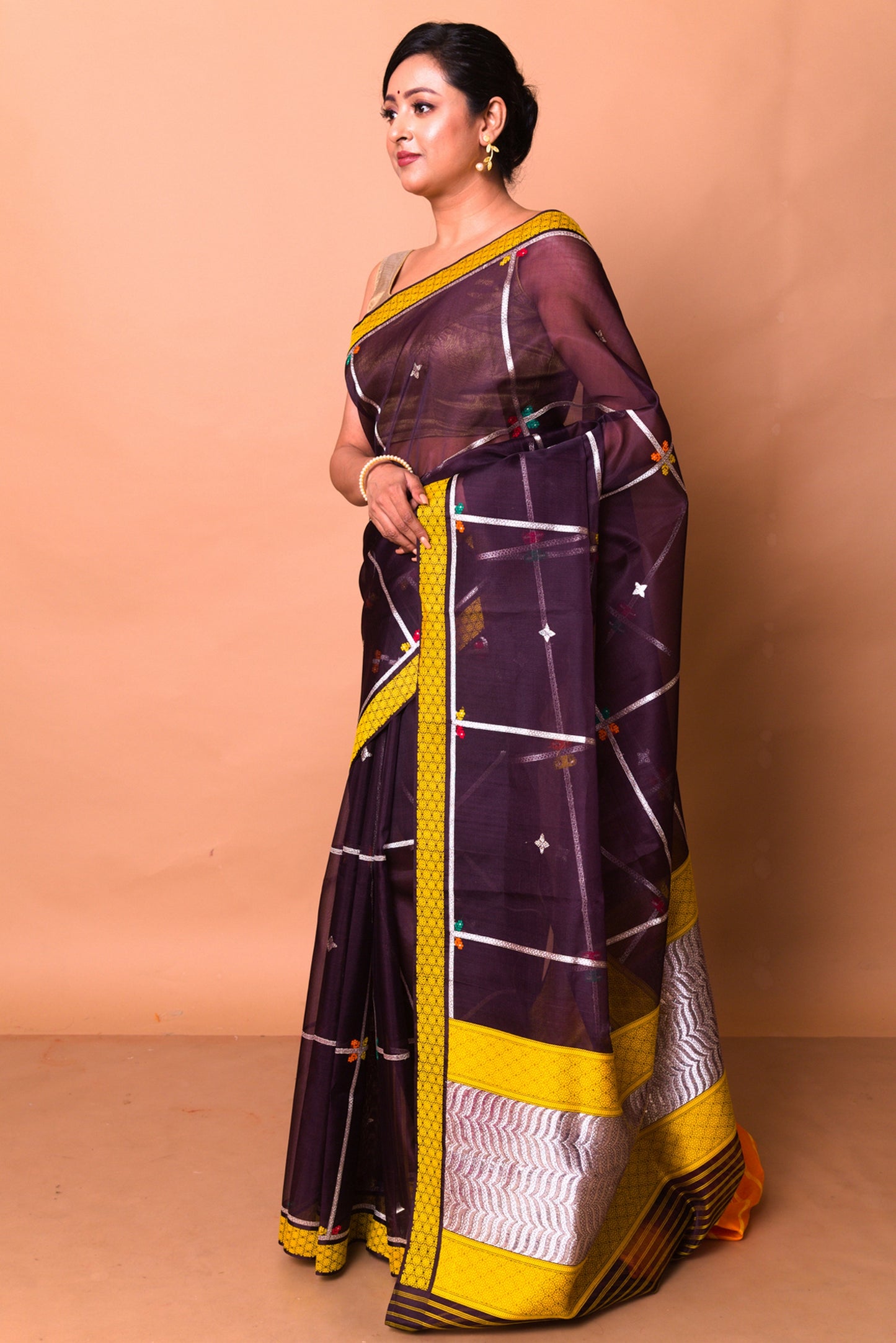 Banarasi Kora Organza Checks And Butta Brown Saree