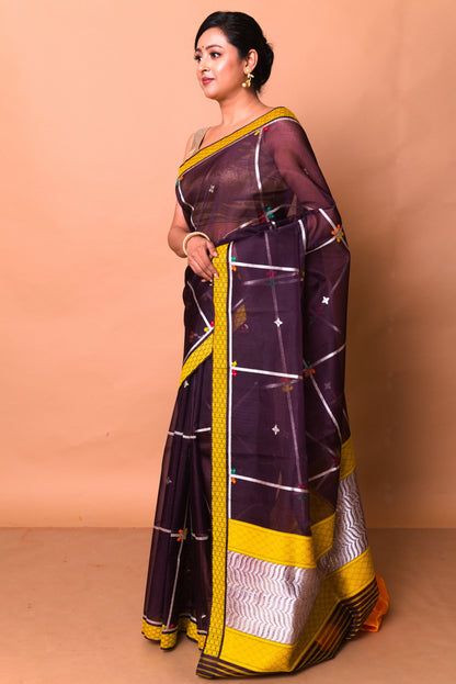 Banarasi Kora Organza Checks And Butta Brown Saree