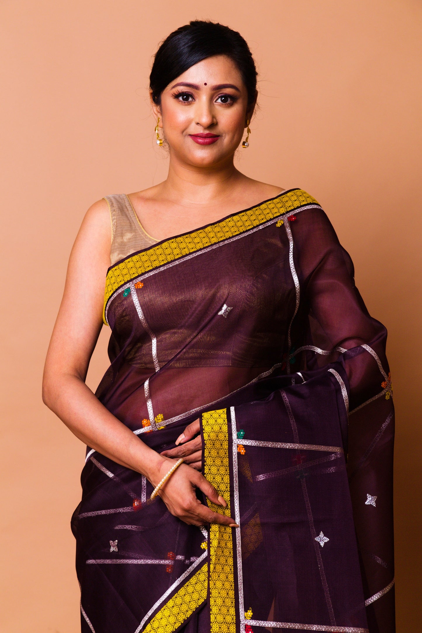 Banarasi Kora Organza Checks And Butta Brown Saree