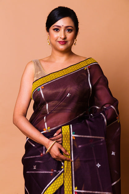 Banarasi Kora Organza Checks And Butta Brown Saree