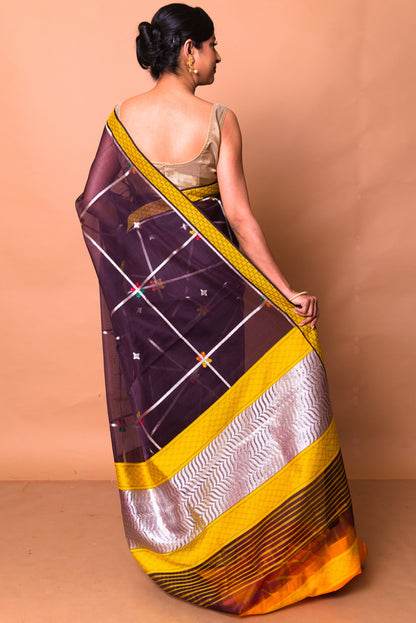 Banarasi Kora Organza Checks And Butta Brown Saree