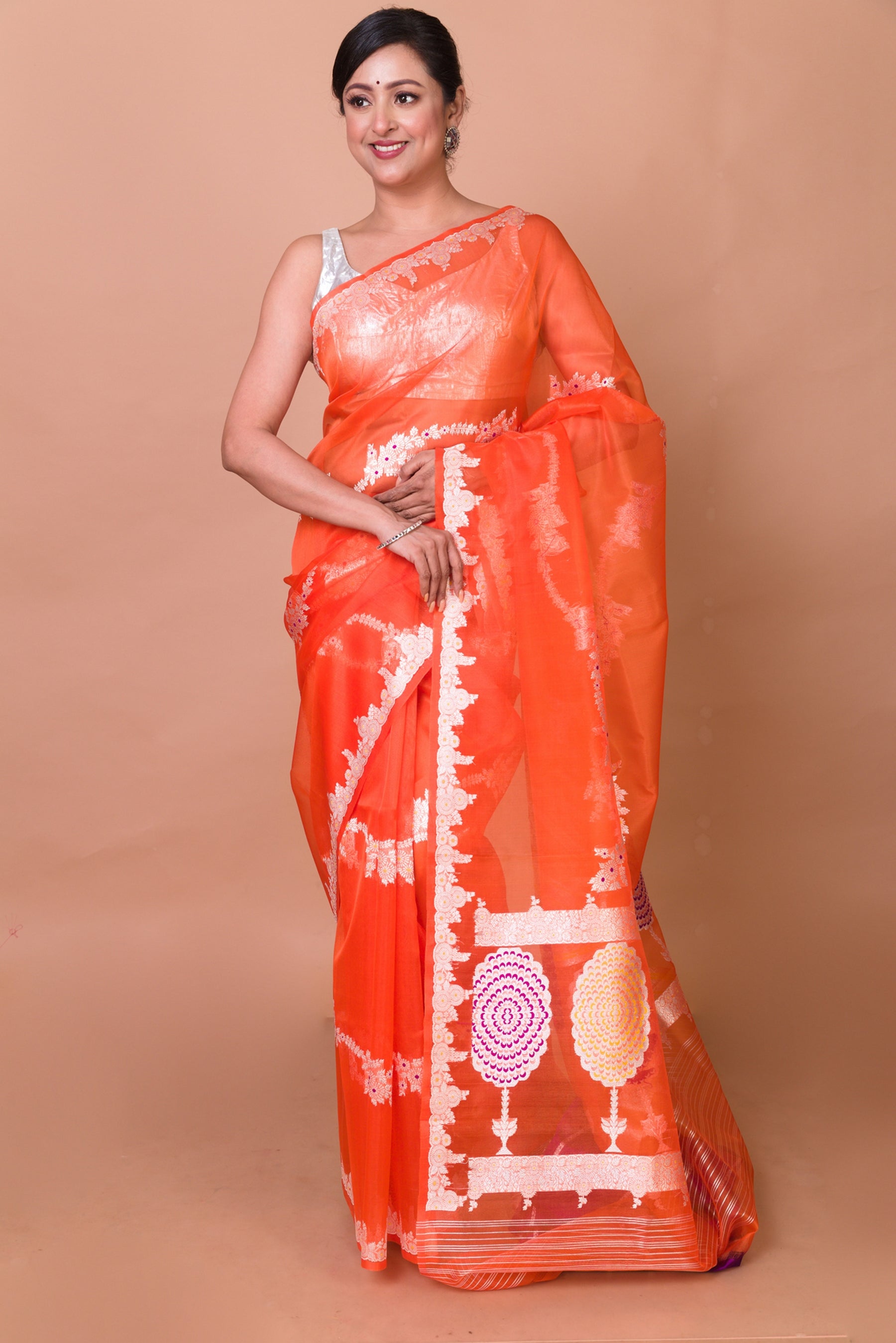 Banarasi Kora Organza Jaal Orange Saree
