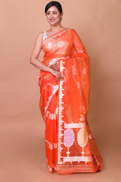 Banarasi Kora Organza Jaal Orange Saree