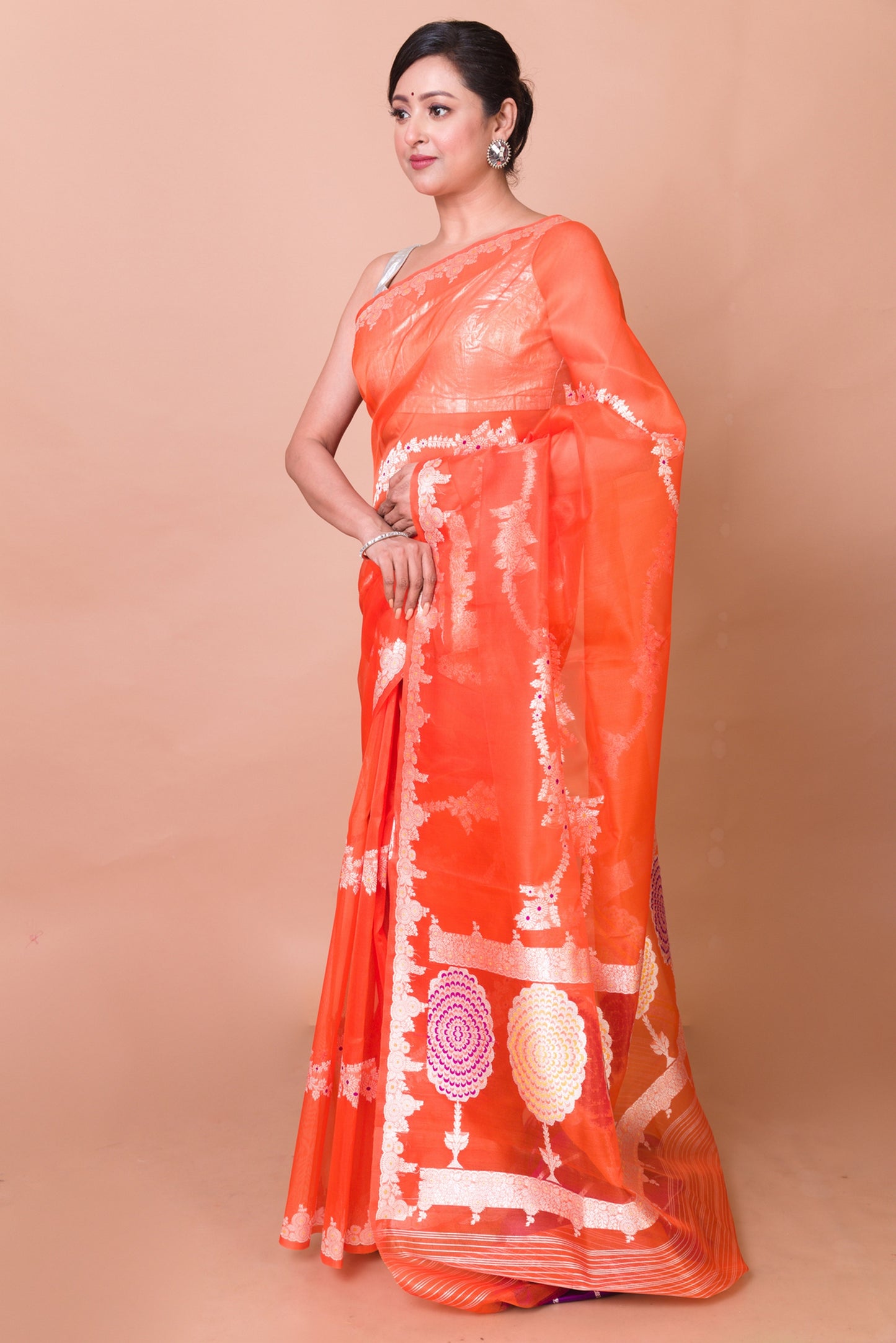 Banarasi Kora Organza Jaal Orange Saree