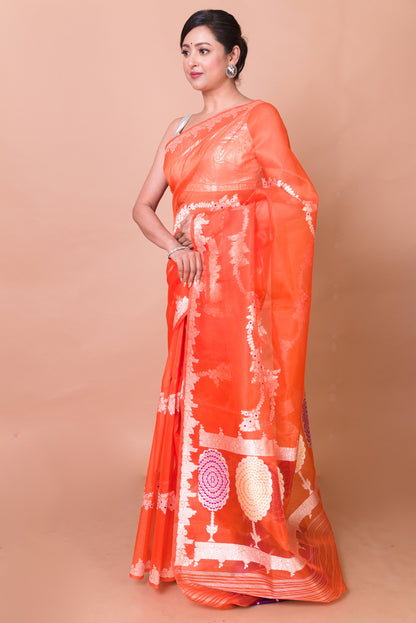Banarasi Kora Organza Jaal Orange Saree