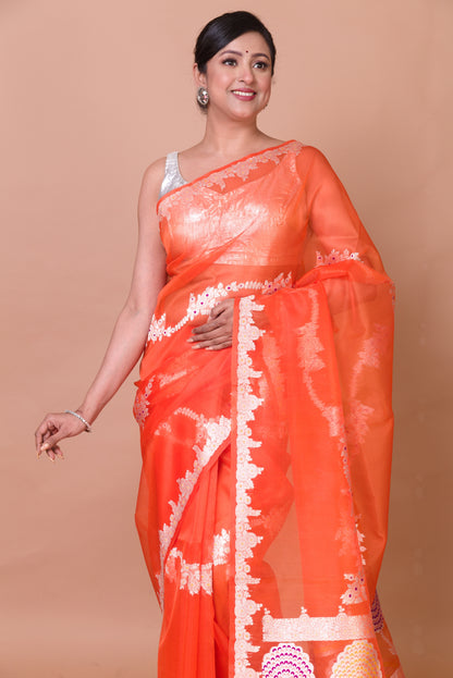 Banarasi Kora Organza Jaal Orange Saree