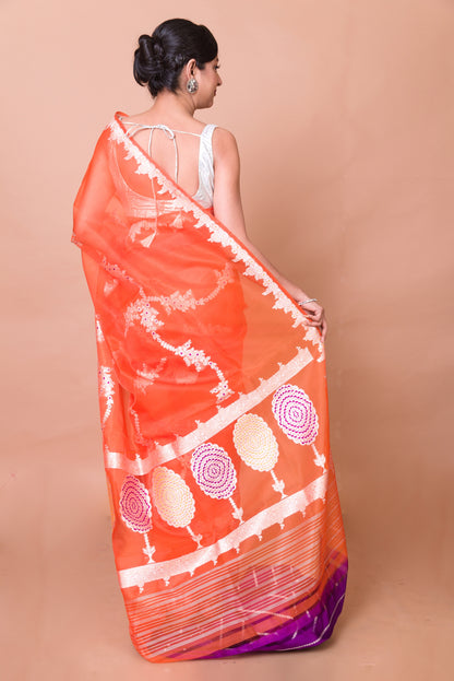 Banarasi Kora Organza Jaal Orange Saree
