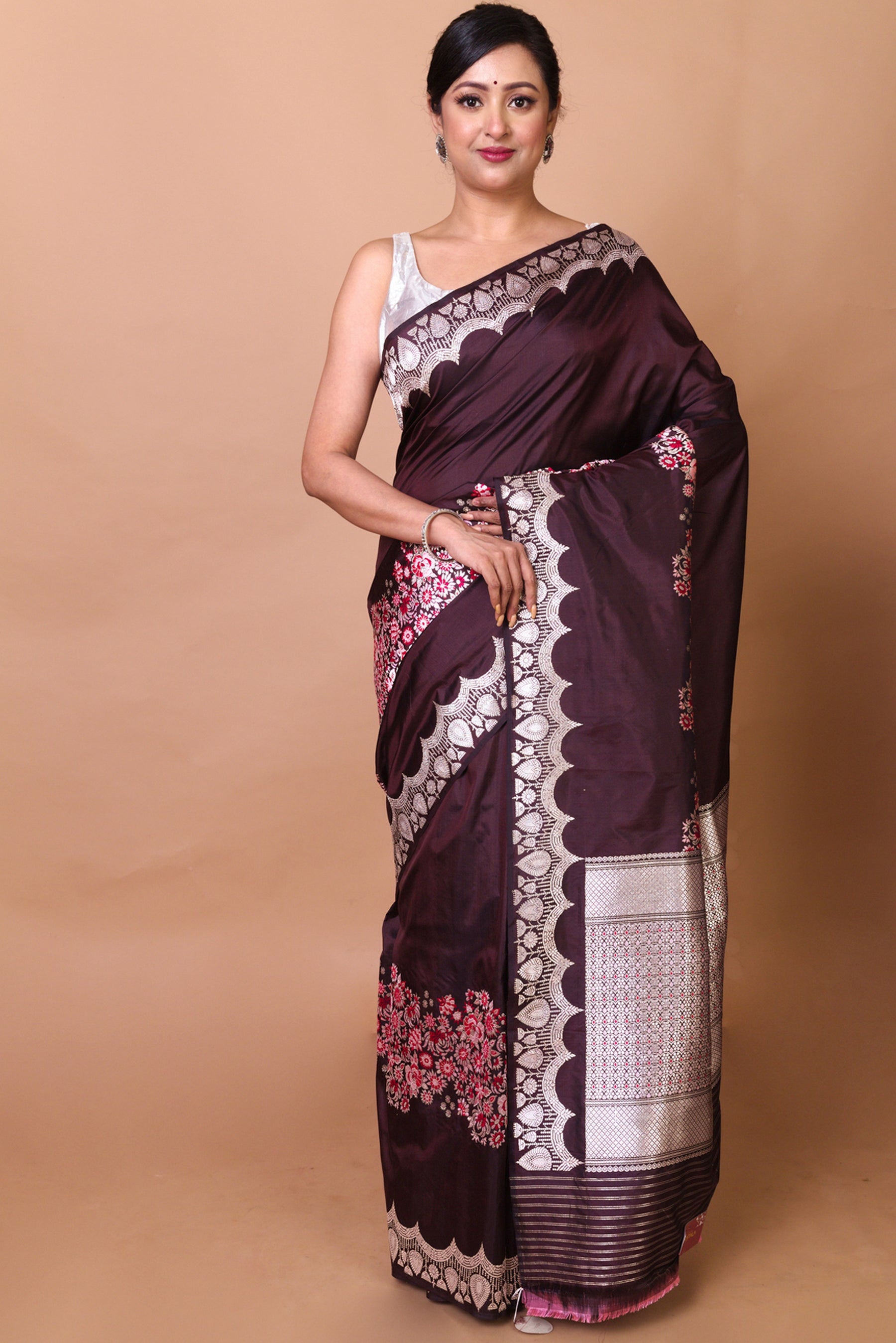 Banarasi Silk Jaal Brown Saree