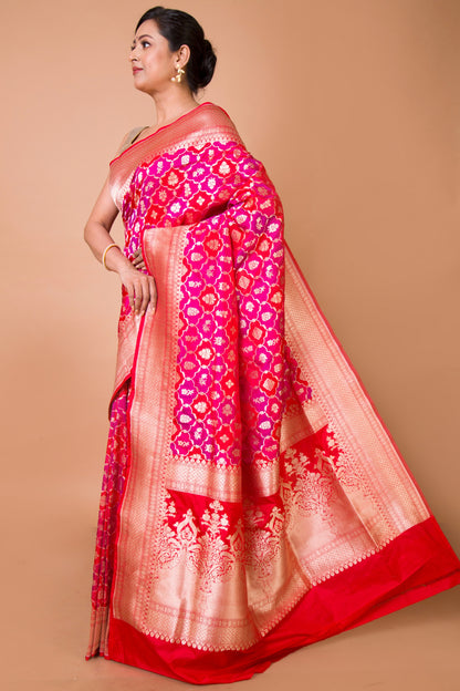 Banarasi Silk Jaal And Butta Pink And Red Saree