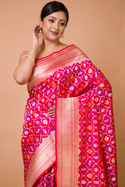 Banarasi Silk Jaal And Butta Pink And Red Saree