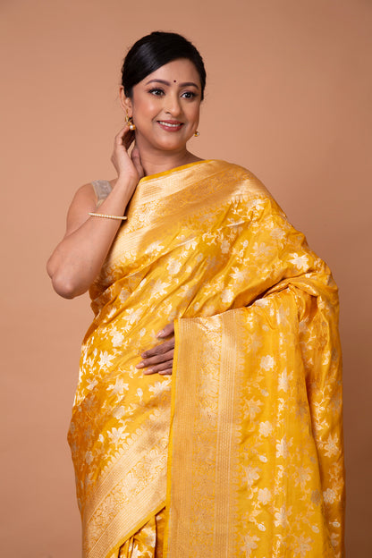 Banarasi Silk Floral Brocade Yellow Saree