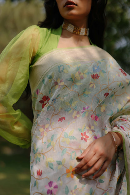 Banarasi Cotton Jamdani All Over Shwetambari Saree