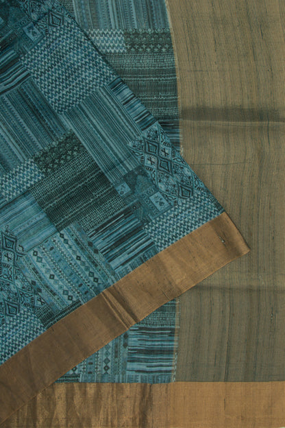 Tussar Floral Printed Teal Green Saree