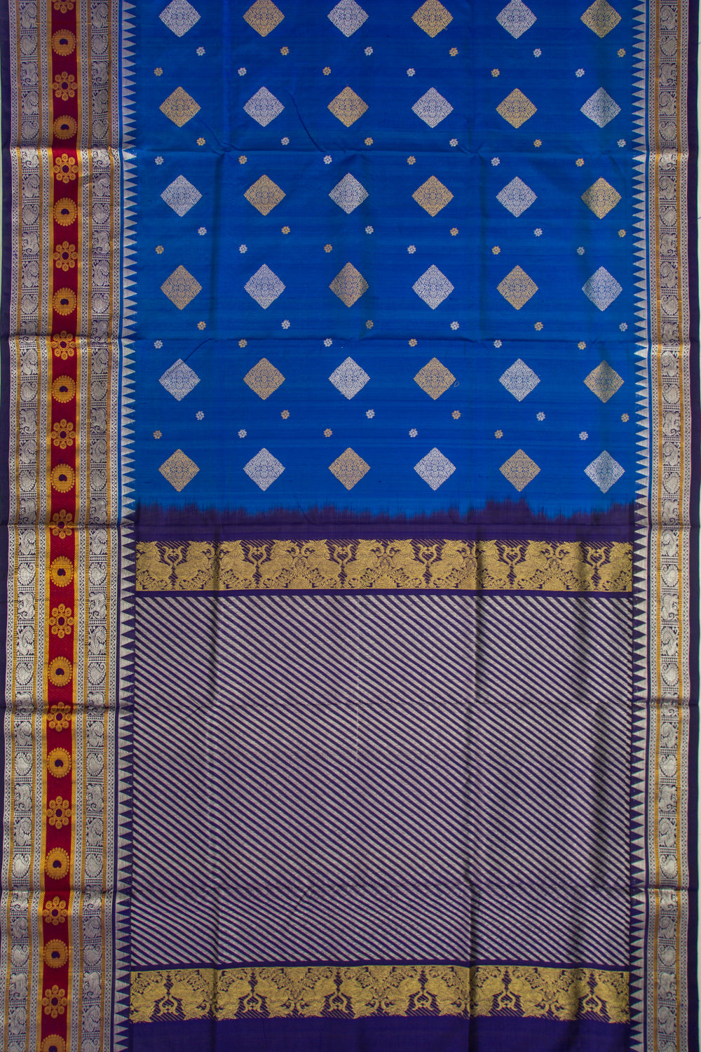 Venkatagiri Silk Butta Mustard Royal Blue Saree