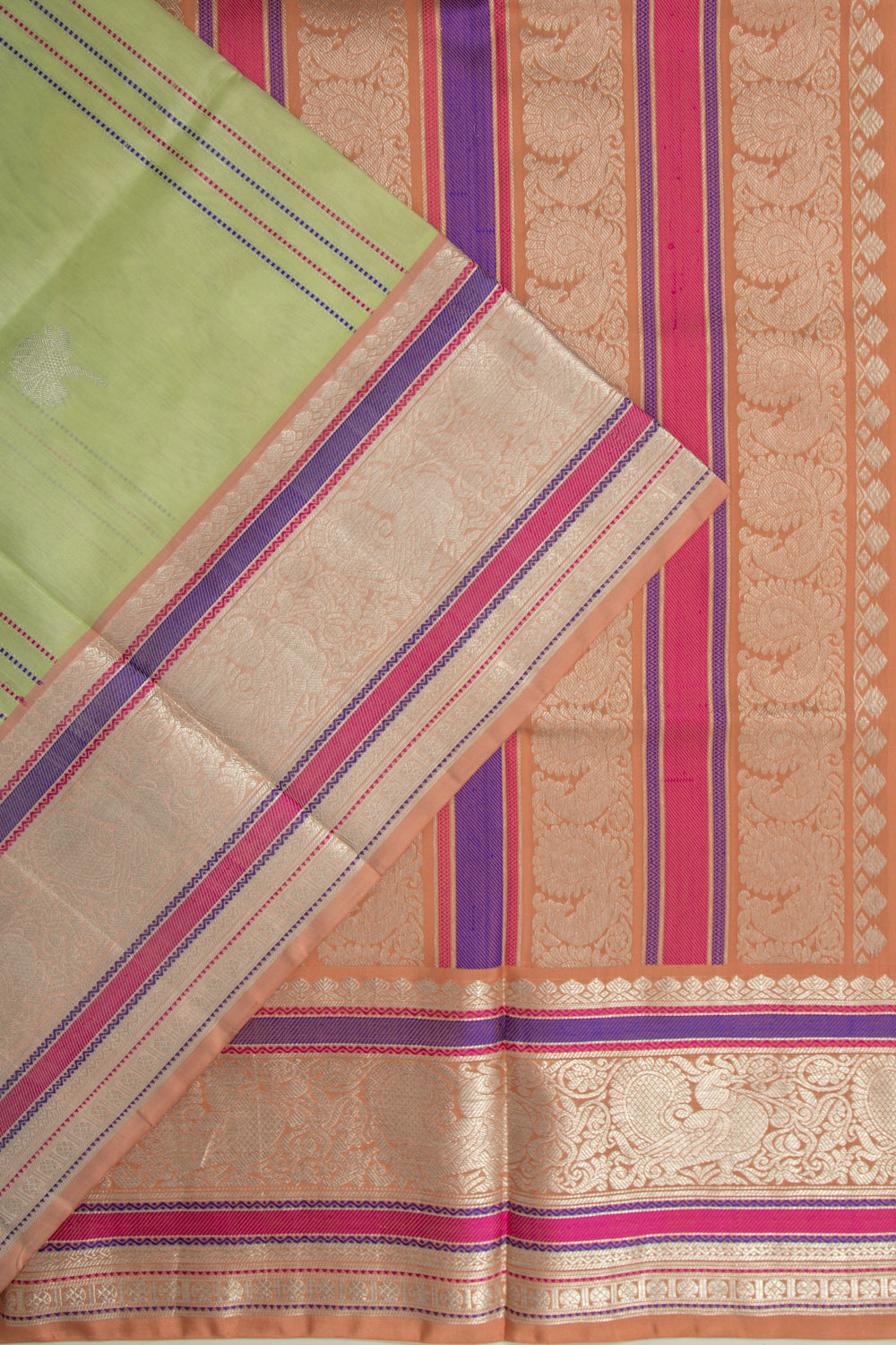 Venkatagiri Silk Vertical Lines And Butta Pista Green Saree