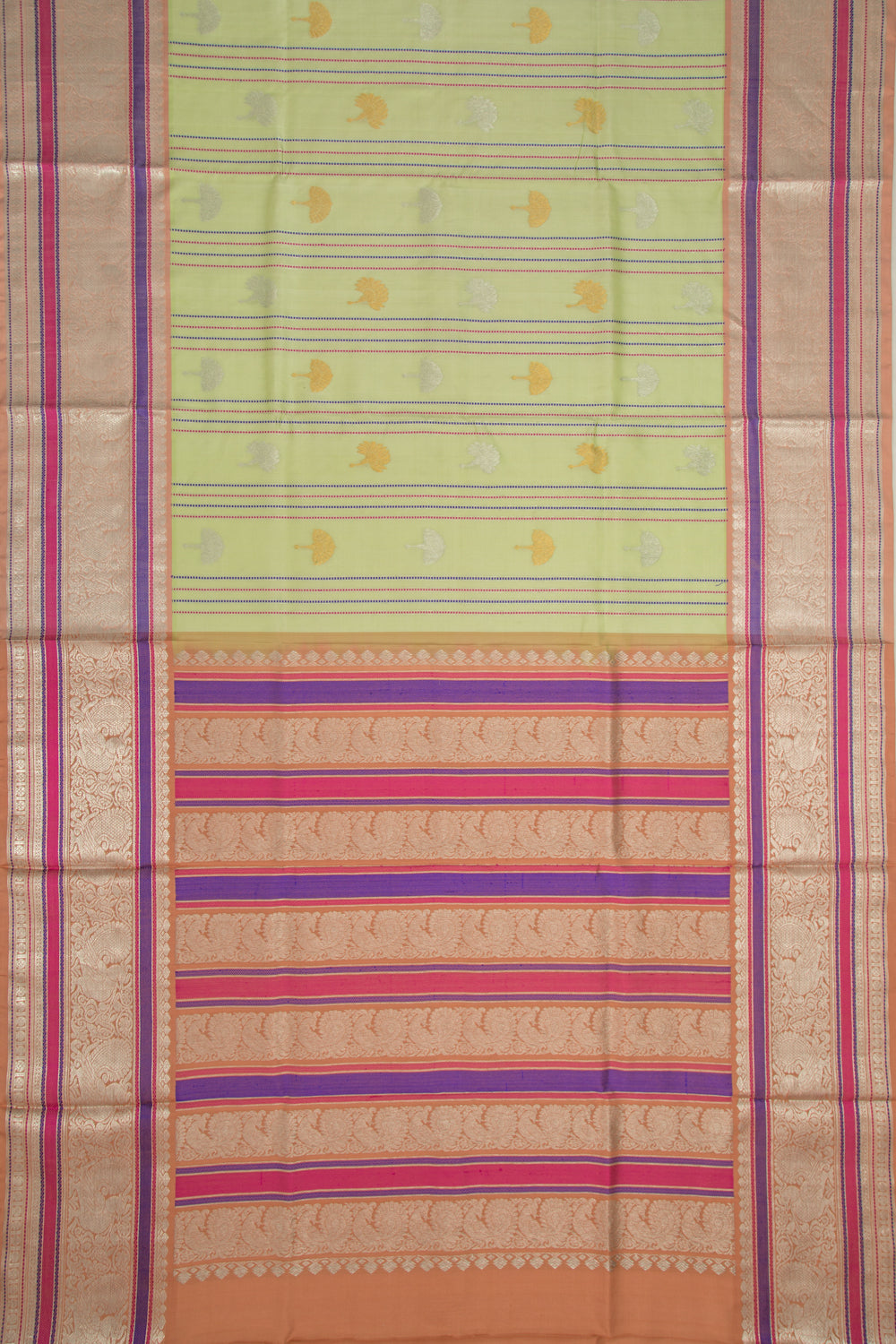 Venkatagiri Silk Vertical Lines And Butta Pista Green Saree