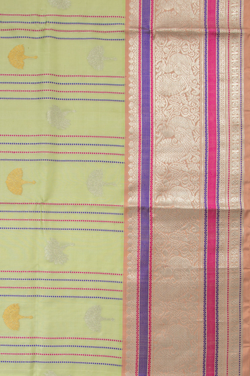 Venkatagiri Silk Vertical Lines And Butta Pista Green Saree