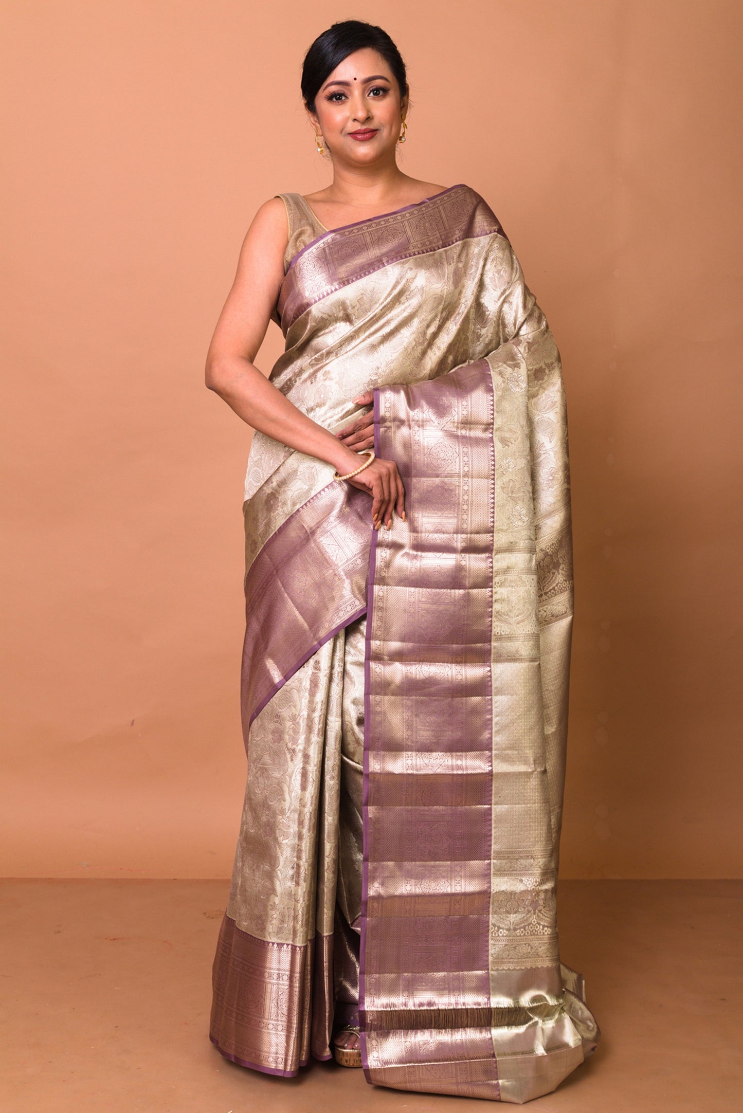 Kanchipuram Silk Tissue Brocade Silver Saree