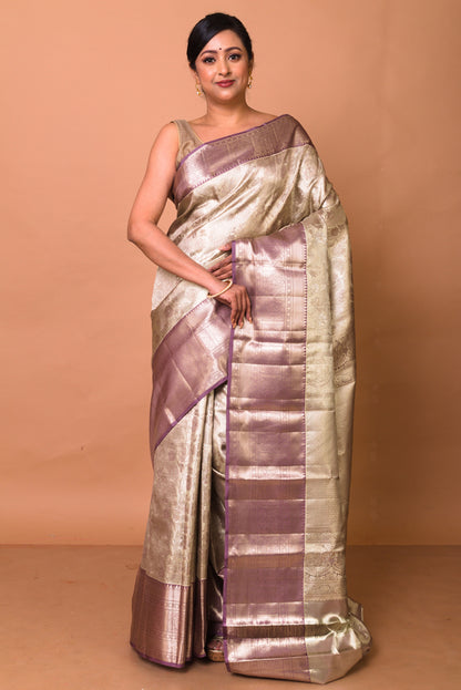Kanchipuram Silk Tissue Brocade Silver Saree