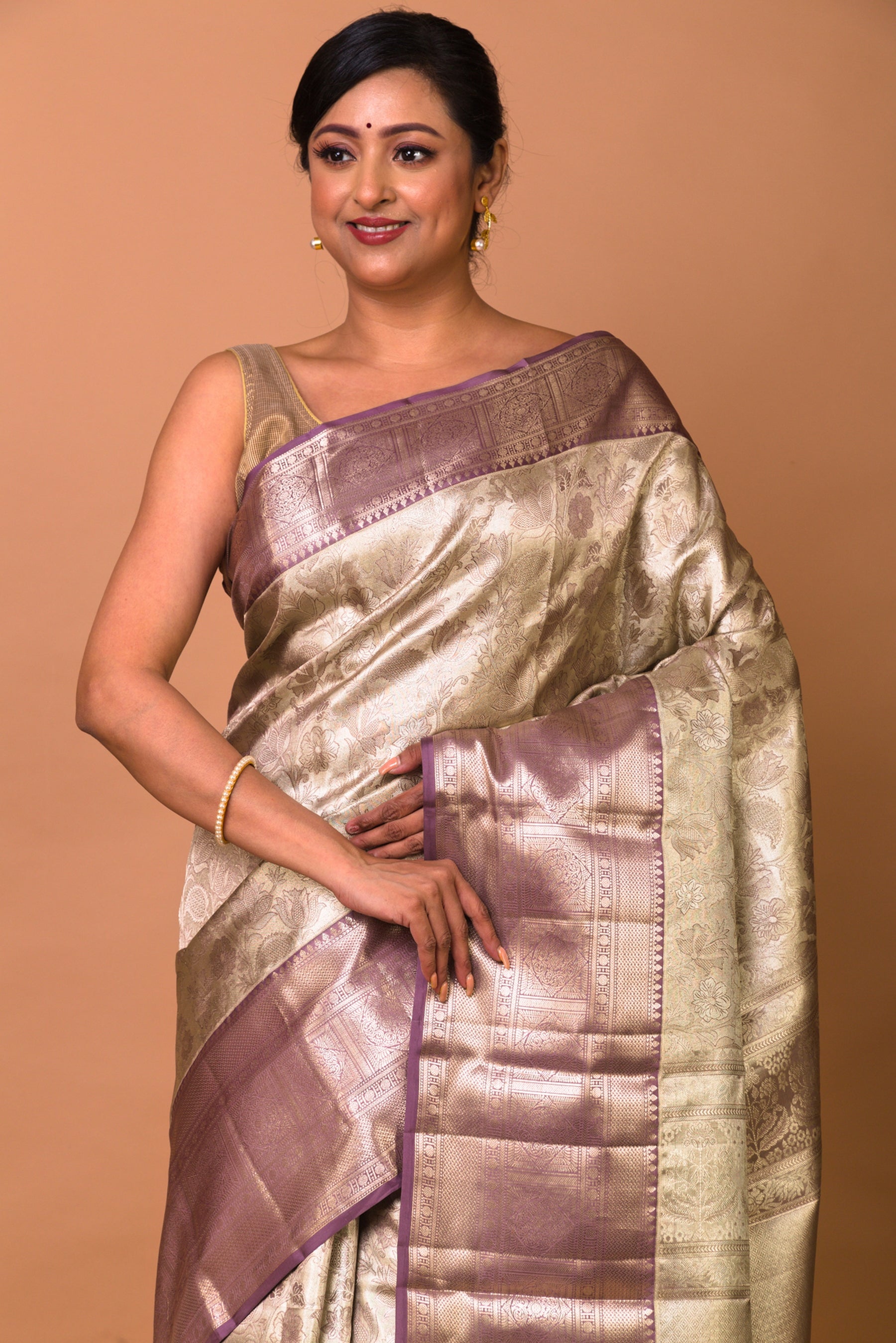 Kanchipuram Silk Tissue Brocade Silver Saree