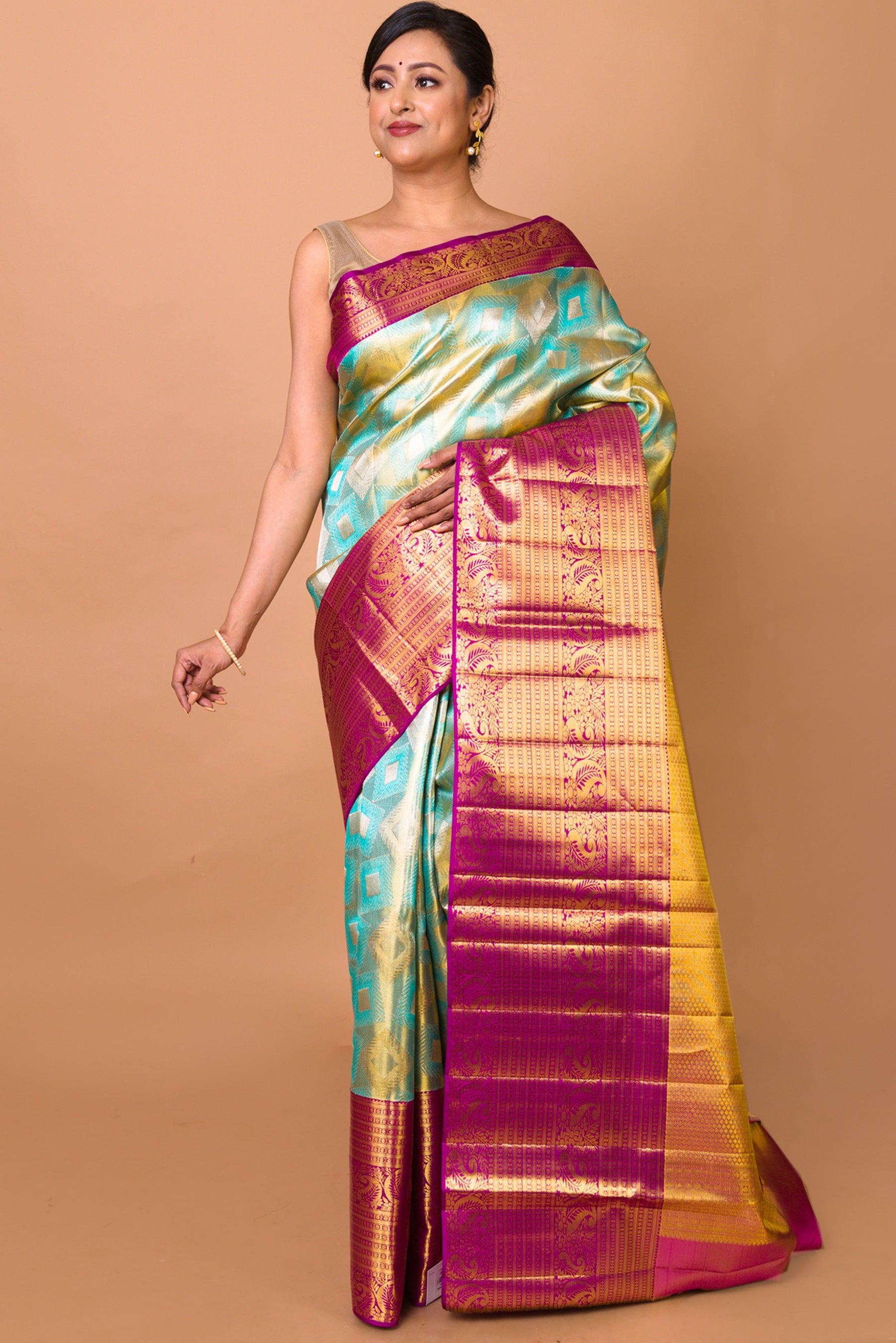 Kanchipuram Silk Tissue Brocade Green And Blue Saree