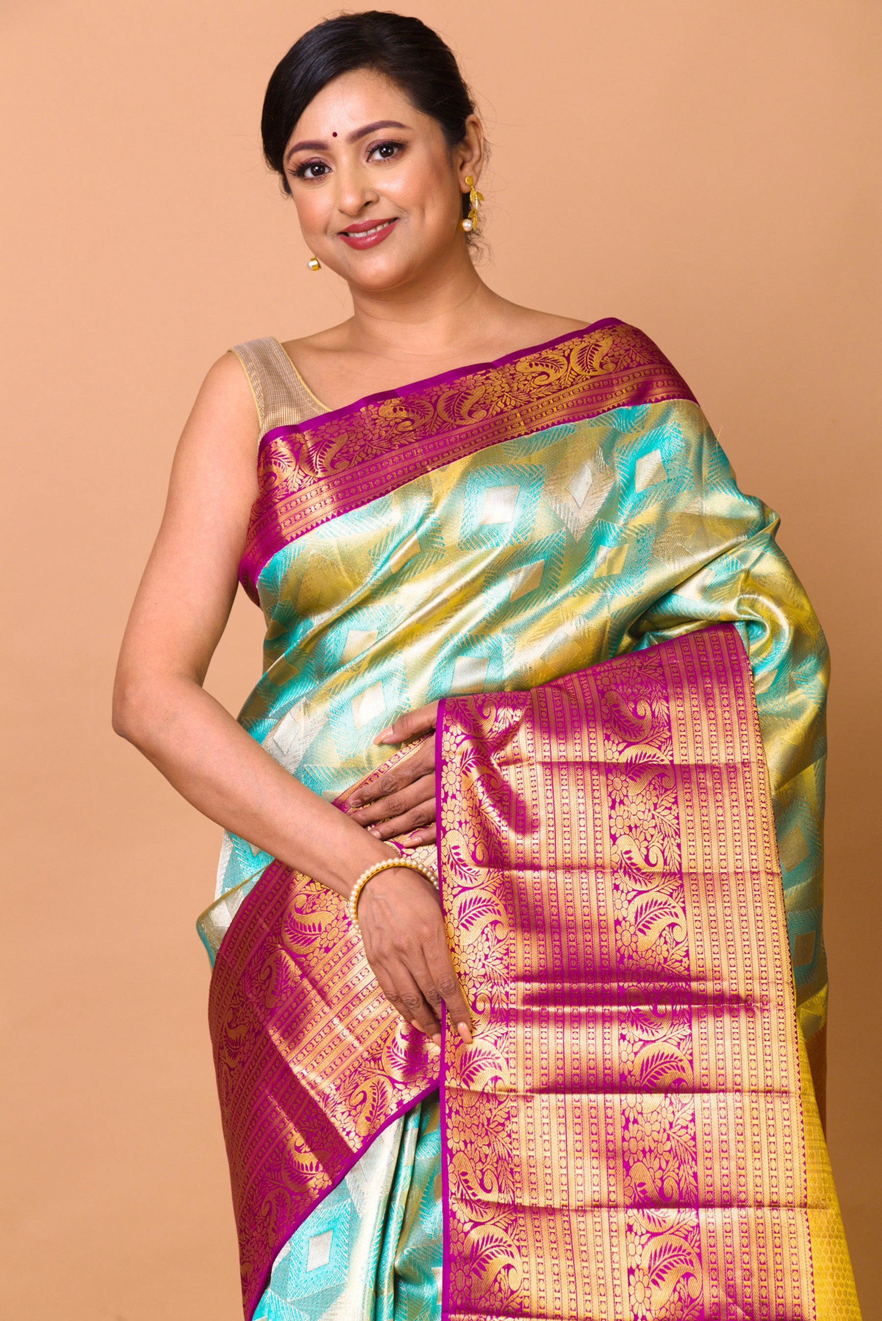 Kanchipuram Silk Tissue Brocade Green And Blue Saree