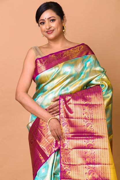 Kanchipuram Silk Tissue Brocade Green And Blue Saree