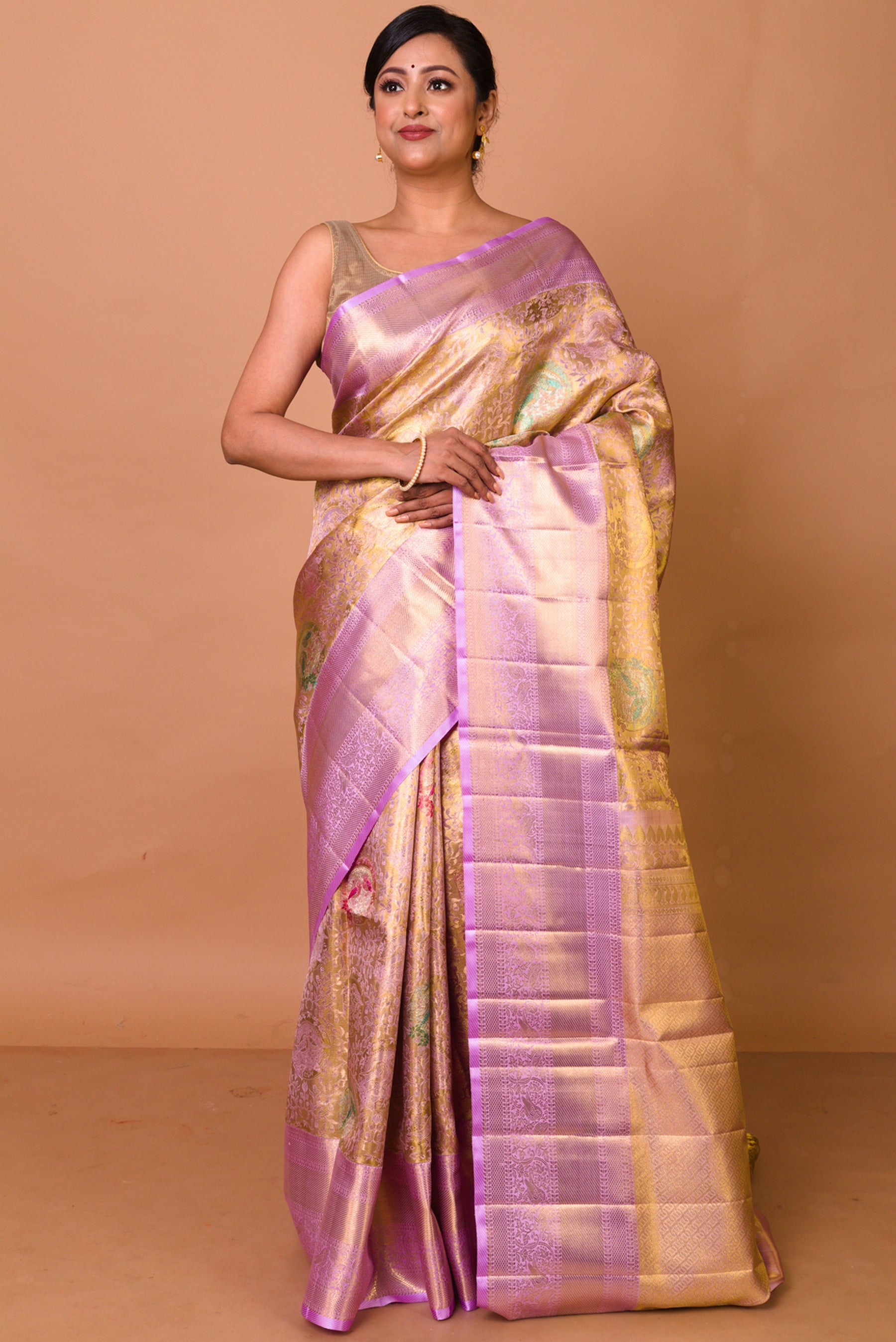 Kanchipuram Silk Tissue Brocade Gold Saree