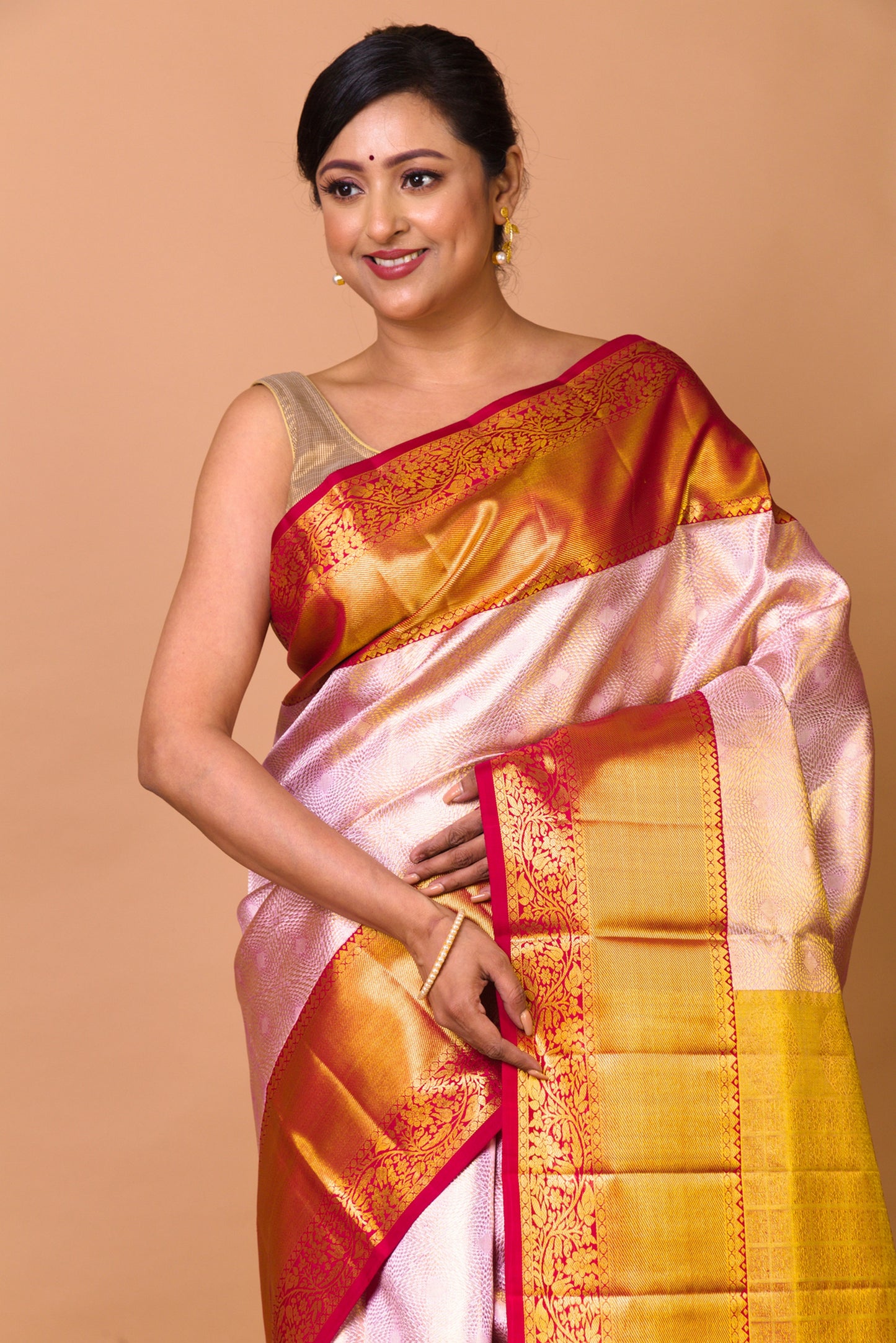 Kanchipuram Silk Tissue Brocade Pink Saree