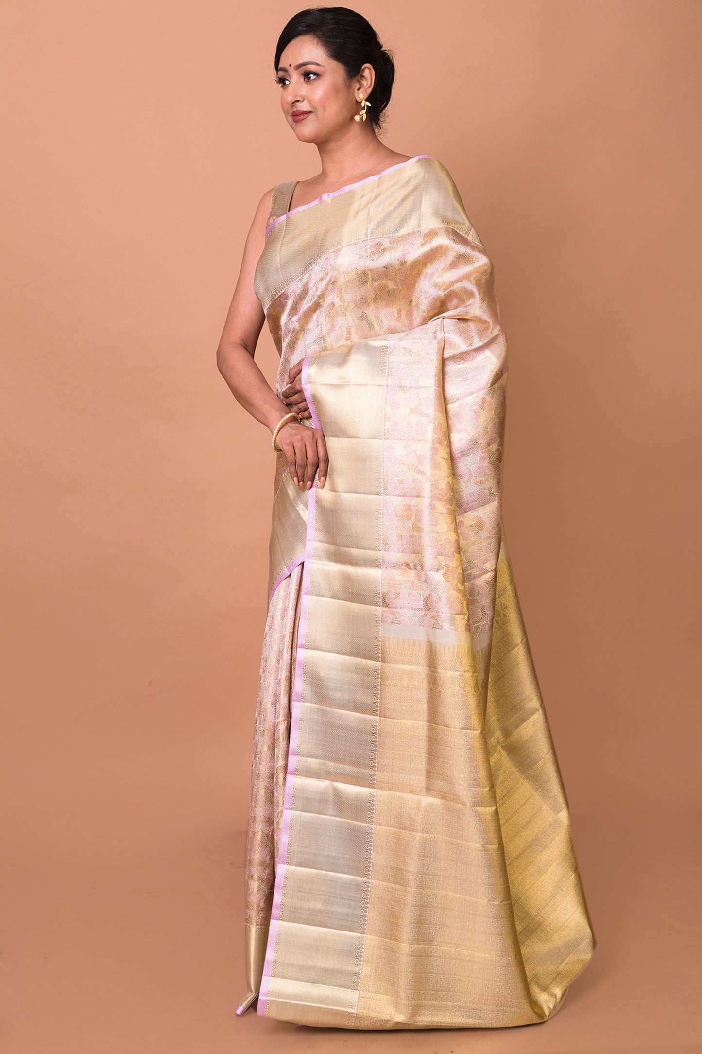 Kanchipuram Silk Tissue Brocade Cream Saree