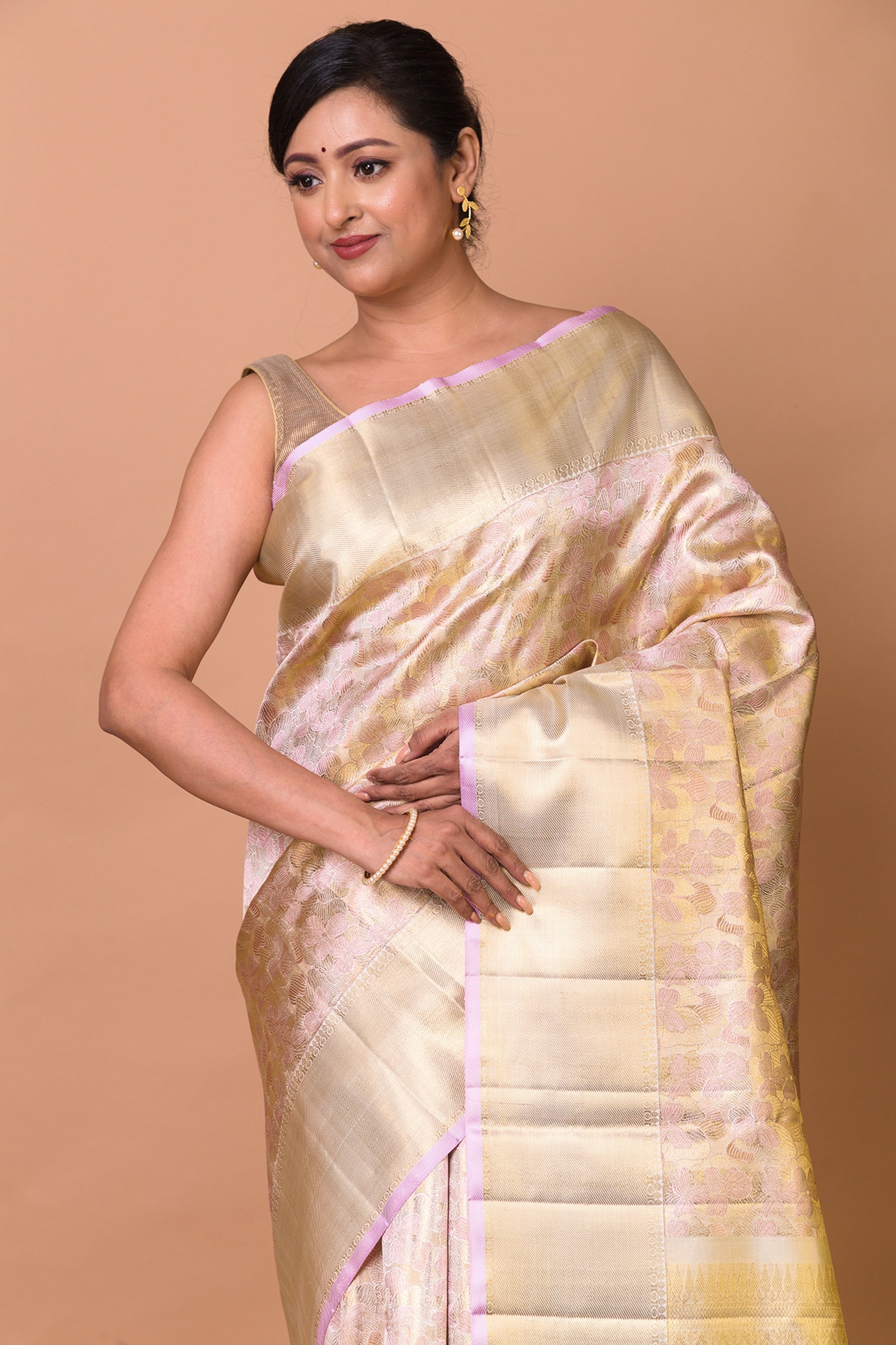Kanchipuram Silk Tissue Brocade Cream Saree