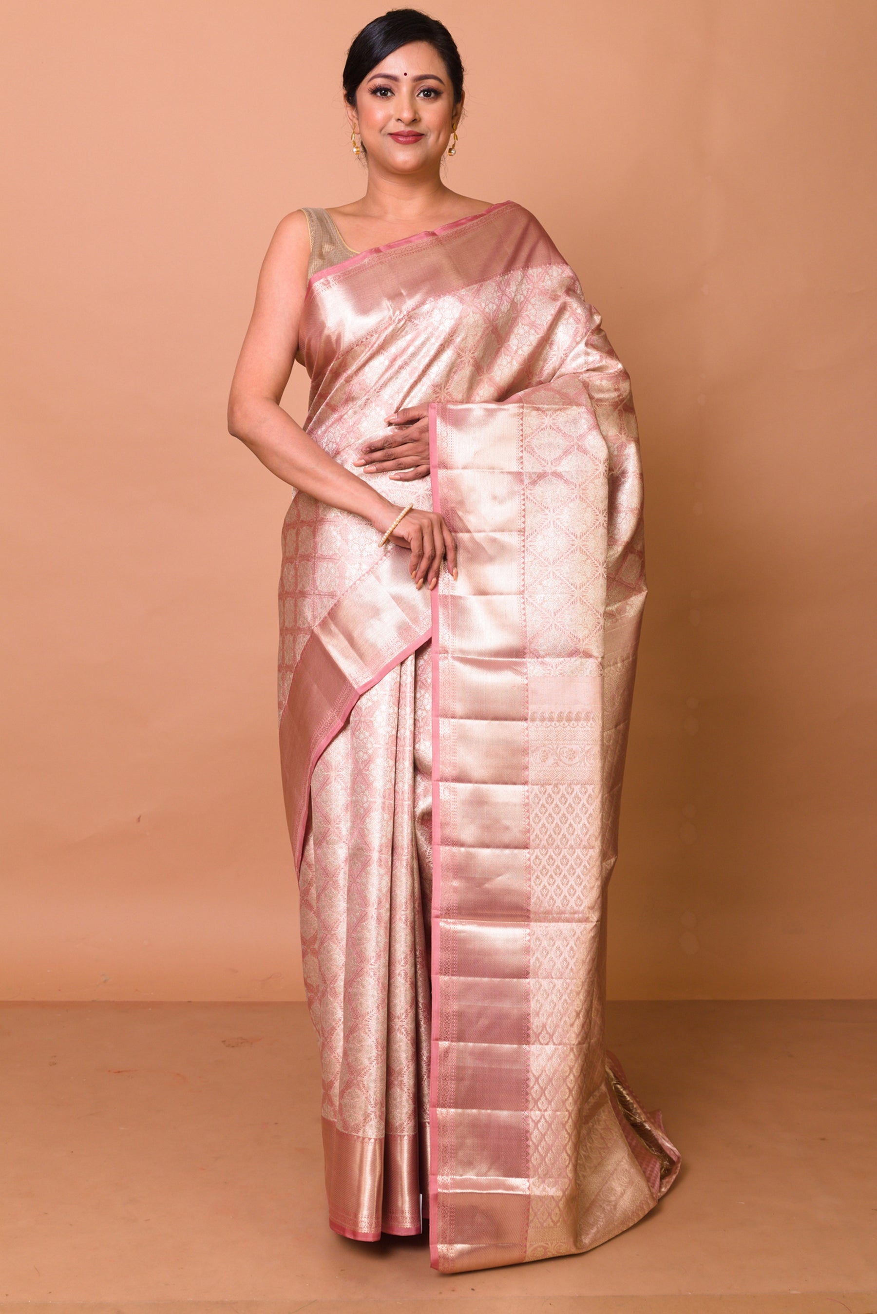 Kanchipuram Silk Tissue Brocade Pink Saree