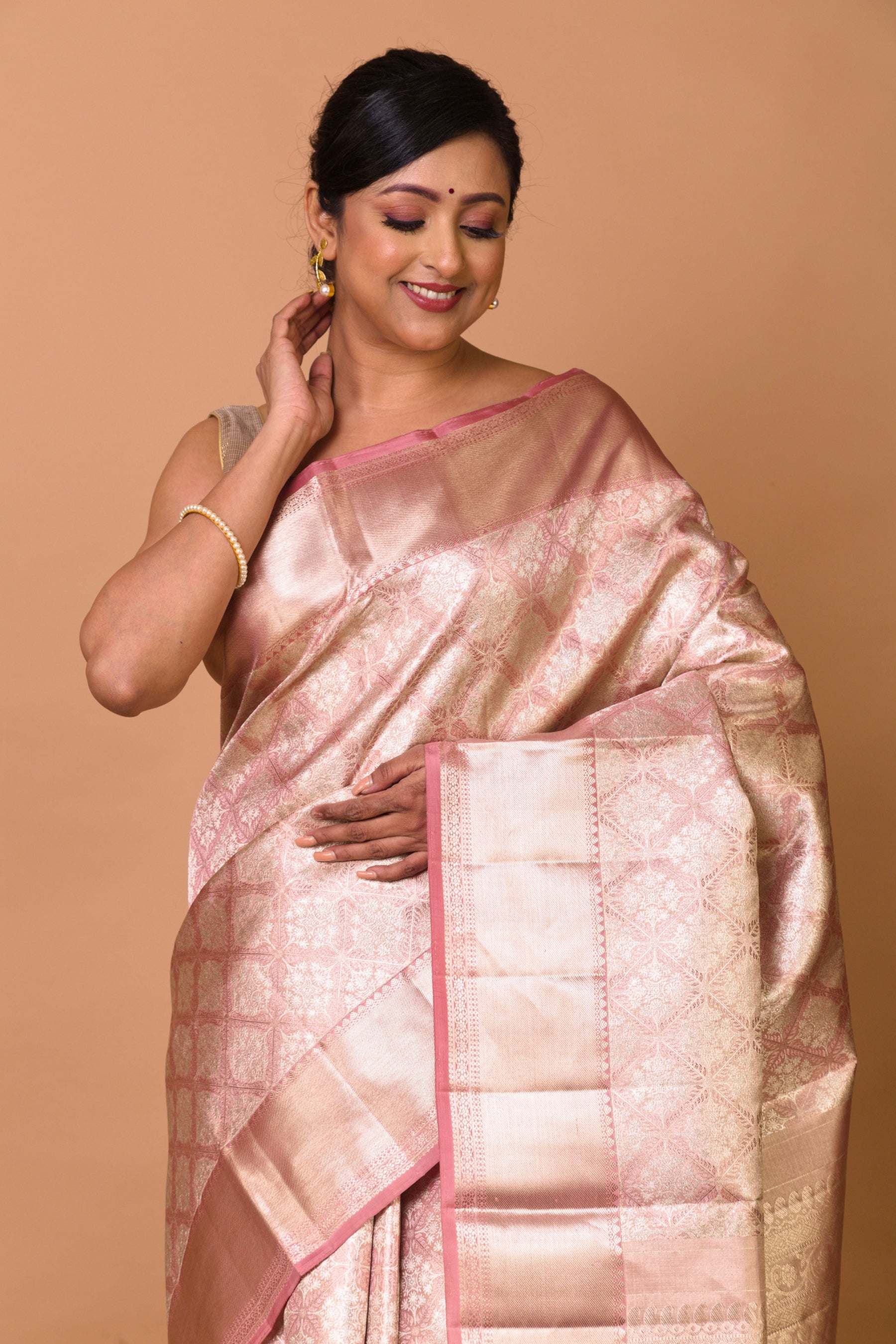 Kanchipuram Silk Tissue Brocade Pink Saree