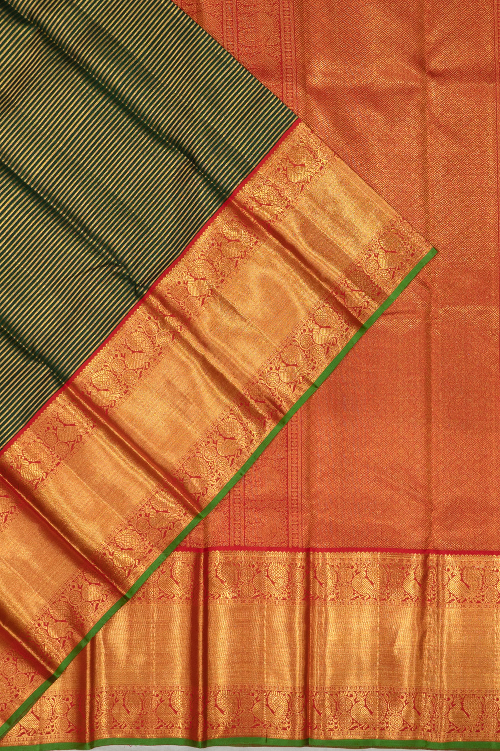 Kanchipuram Silk Horizontal Lines Bottle Green Saree