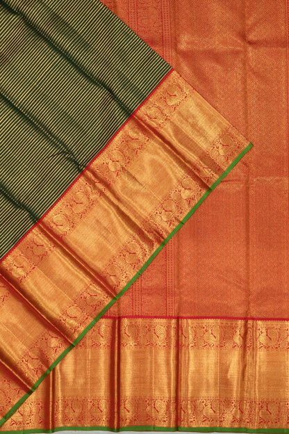 Kanchipuram Silk Horizontal Lines Bottle Green Saree