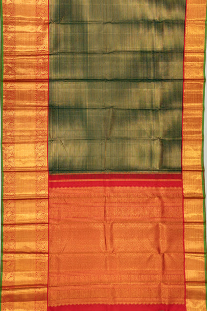 Kanchipuram Silk Horizontal Lines Bottle Green Saree